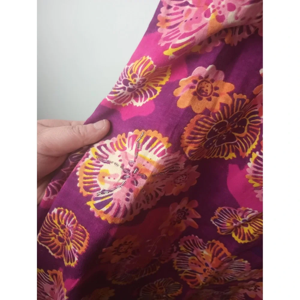 Coral Bay Women XL Pink Purple Floral Beaded Keyhole Cotton Short Sleeve Top - Picture 3 of 6